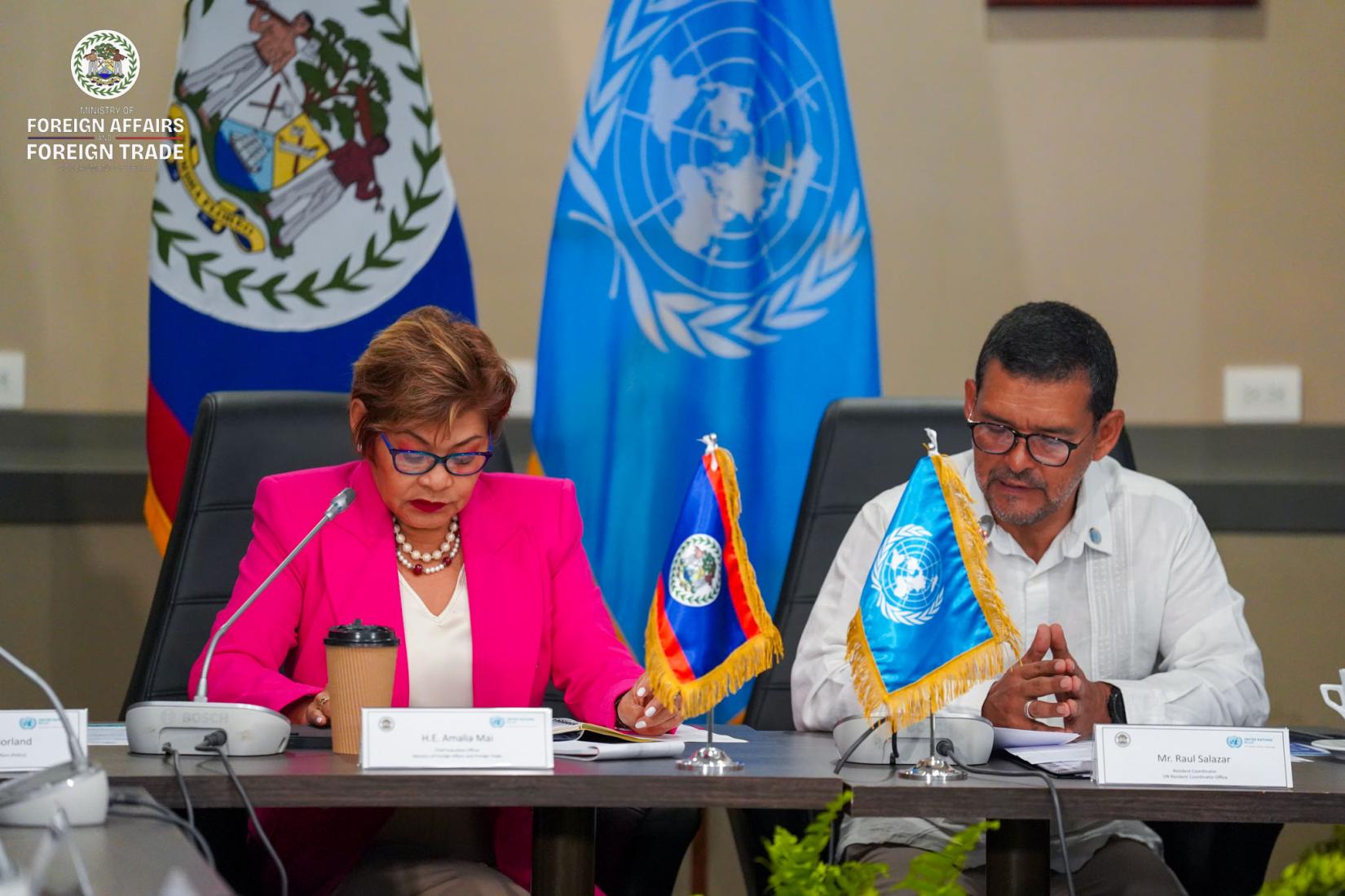 Woman and man seated next to each other at signing table. Small flags on the desk and standing flags are behind them.