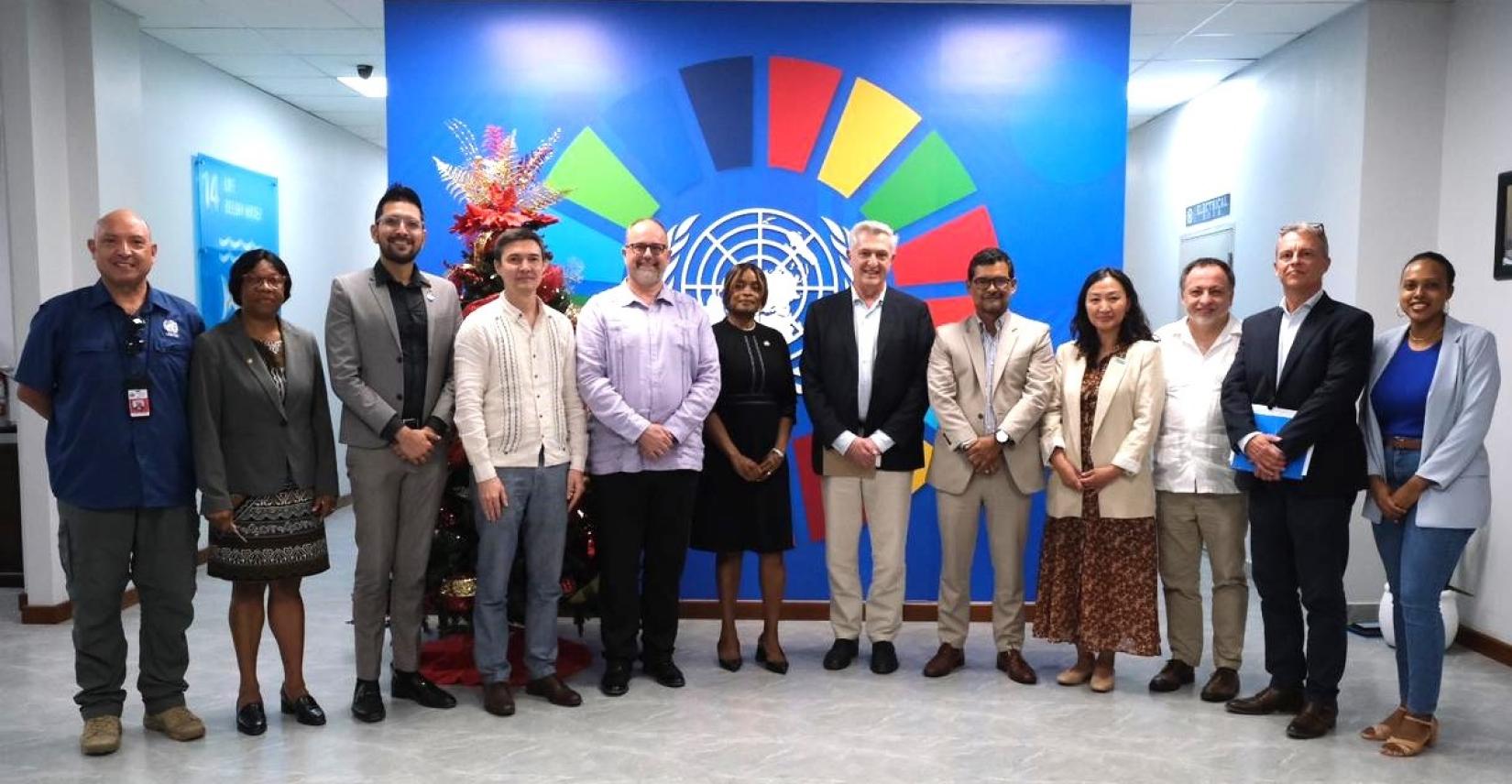 Twelve persons standing in a semi-circle before a medium blue backdrop featuring the UN Emblem within an SDG ring