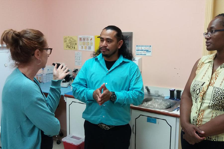 Visiting the newly equipped San Antonio Lab (L to R: Ms. Merce Claret, Project Manager, Global Laboratory Initiative, PROBITAS; Mr. Aristio Cal, Phlebotomist, San Antonio Lab; Dr. Susan Kasedde, Representative, UNICEF Belize)