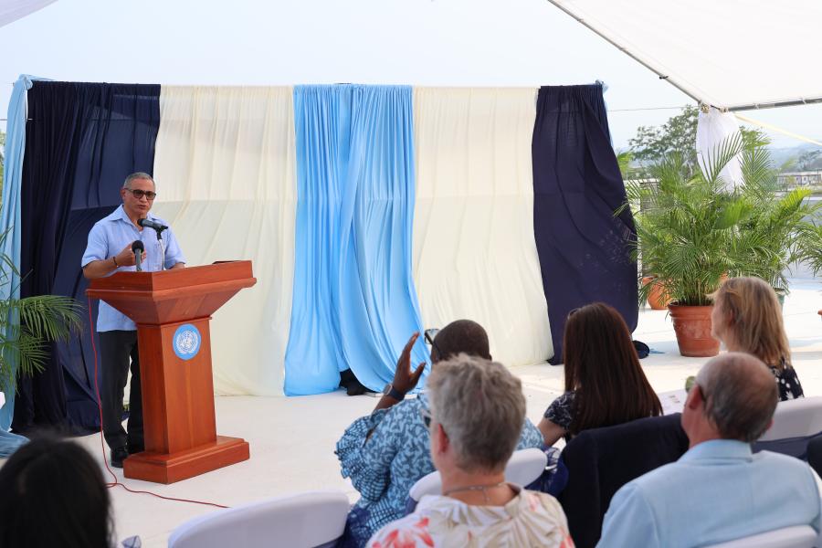 Prime Minister of Belize, Johnny Briceño, offers remarks at the Inauguration of UN House in Belmopan, Belize